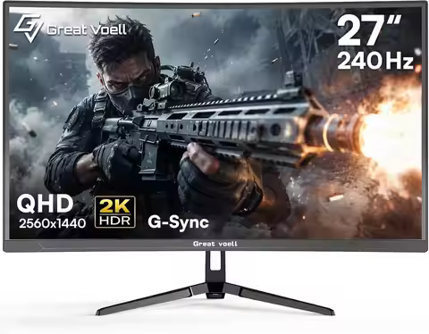 Great Voell 27-inch 240Hz Curved Gaming Monitor, 2K QHD, 1ms MPRT G-Sync | 1440p HDR VA Panel, 98% s