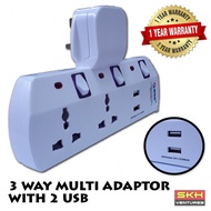KSE 3 Pin UK Plug with 3 Ways Multi Universal 2 USB Port Adapter Socket Extension - Original(1 Year Warranty)/Indicator