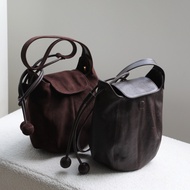 Fashion new Genuine Leather Women's High-End Feel Frosted Pumpkin Bucket Simple Literary One-Shoulde