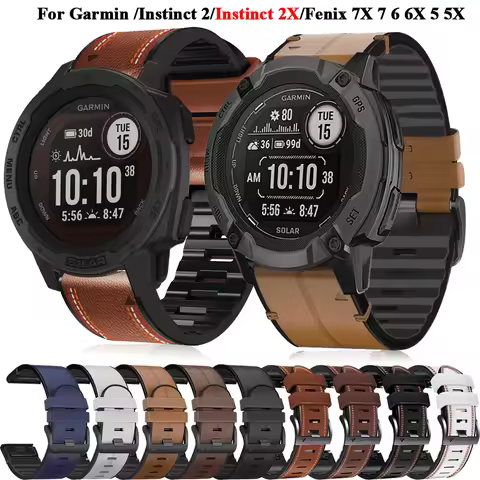 26 22mm QuickFit Leather+Silicone Watch Band For Garmin Instinct 2X Solar Strap Instinct2 Fenix 7 7X