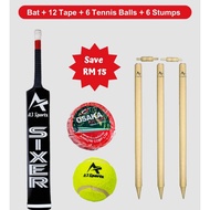 A3 Sports Sixer Tennis Ball Cricket Bat, Wooden Stumps, Tennis Ball & Osaka Tape Combo