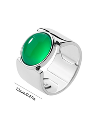 1入組時尚豪華925純銀12mm幾何綠色天然玉髓閉合戒指，適用於女性訂婚、婚禮、週年慶、生日、日常穿著，附贈禮盒