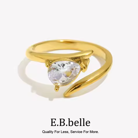 E.B.belle Wing Shaped White Zirconium Water Droplet Ring 18K Gold Plated Accessories 316L Stainless 