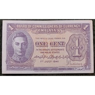 MALAYA KGVI 1 CENT 1941 UNIFACE EXTREMELY FINE