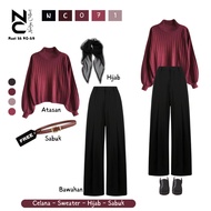 OOTD Maroon Aesthetic Kekinian (women's sweater + jennie knit pants + bella square hijab) NC071