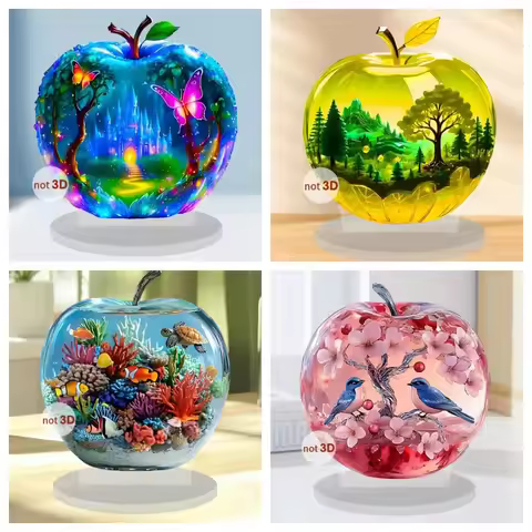 2D Crystal Apple Figurine Paperweight, Clear Apple Collectible Figurines Crafts, Home Office Handmad