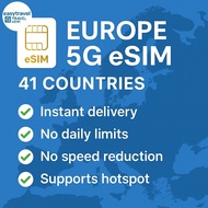 Europe & UK eSIM 41 Countries 5G High Speed Data No Speed Reduction Supports Hotspot 10 to 50GB