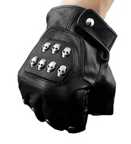 Mens Punk Biker Skulls Studded Fingerless Real Leather Gloves, Black, One Size