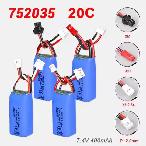7.4V 2s Battery 400mAh 752035 20C Jst Sm Xh2.54 Ph2.0 Plug for DM007 Quadcopter Aerial Drone Accesso