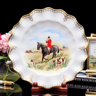 英國製Royal Crown Derby手繪策馬奔馳 野釣鑲嵌金彩手工骨瓷盤