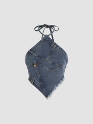 Cider Denim Fringe Zipper Up Halter Crop Top