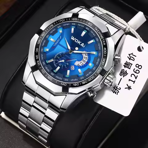 New Fashion Sport Watch Men WOKAI Stainless Steel Band Calendar Quartz Wristwatches Men Low Price Dr