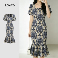 Lovito Boho Dress Ruffle Hem Spring/summer Dress for Women L171ED564 Lovito  Corak Gaun Boho Ruffle 