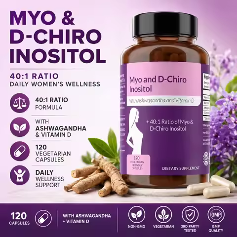 40:1 Myo-Inositol and D-Chiro Inositol Capsules, Vitamin D3 Ashwagandha, 120 Count Daily Wellness Su