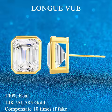 Real 14k Gold Ear Studs Emerald Cut Moissanite Diamond Earrings AU585 Yellow Gold Jewelry for Women 
