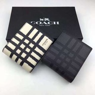 COACH 22534 黑色/白色 新款拼色格子紋皮革 名片夾 卡夾 短夾 男長夾 附購證