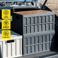 Citylife 64L Collapsible Storage Box Crate with Lid Folding Storage Box with Wooden Cover Panel for 
