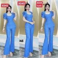 Sét Bộ Thun Xốp Áo Kiểu Tay Phối Hoa Quần Dài Ống Loe - Mã X0045