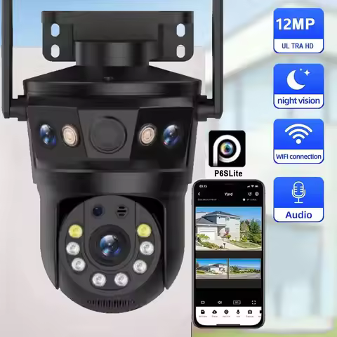 12MP WiFi IP Camera Three Len 8X Zoom Ai Motion Tracking PTZ Video Camera Waterproof Outdoor Securit