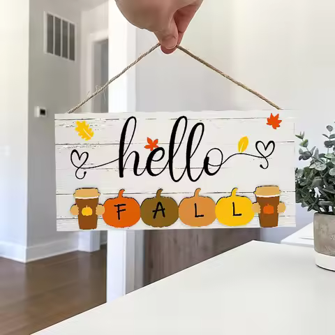 Rustic Hello Fall Wall Hanging Decor Wood Art Plaques Sign Door Sign for Home Living Room Front Door