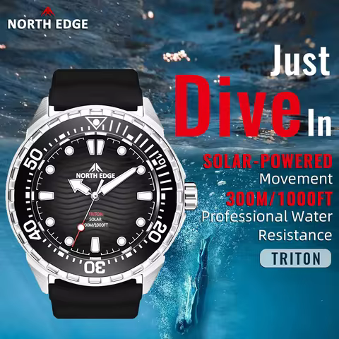 NORTH EDGE TRITON New Solar Powered Diving Watch For Man Luxury Quartz Wristwatches 316L Stainless S