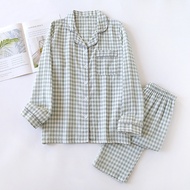 Couple Pajamas Women Pure Cotton Gauze Muji Japanese Checked Sets Cotton Long-Sleeved Loungewear Com