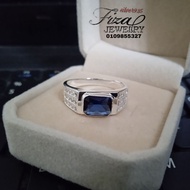 cincin lelaki permata biru silver 925, cincin perak lelaki batu biru petak, silver 925 men ring blue sapphire