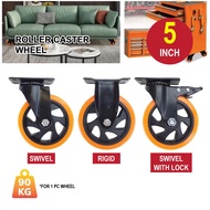 Heavy Duty 5" Roller Caster Wheel 90kg Load Furniture Trolley 125mm Rigid/Swivel/Brake Orange Rubber