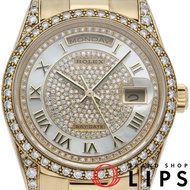 勞力士星期日曆型腕錶，鑲鑽錶圈，貝殼鑲鑽錶盤，星期日曆型 36，鑲鑽 18388NMR(E)，帶錶盒，18K 黃金，男士腕錶，鑽石，拋光，成色極佳 [二手]