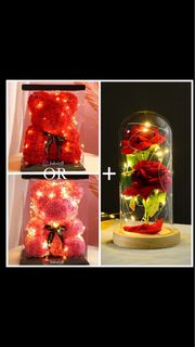 [高40cm]手工製玫瑰熊🐻+玫瑰花玻璃擺設🌹 永生花 香皂花 情人節禮物