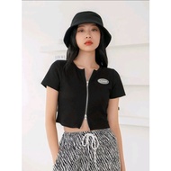 Zip Up Rib-Knit Crop Tee