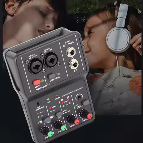 Audio Mixer Sound Board 2 Channels Audio interface Channels Audio Mixer 48V Phantom Power USB Power 