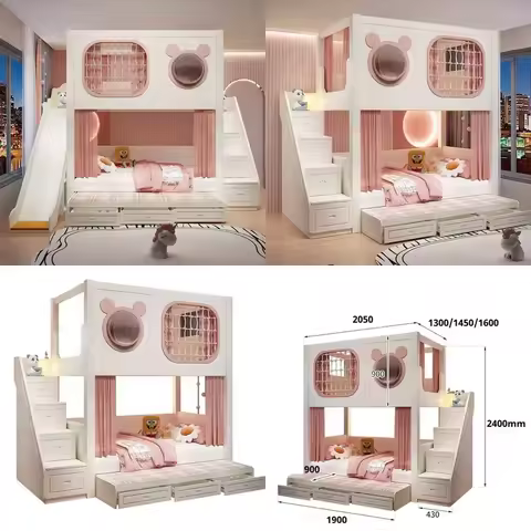 for Triple Bunk Bed 3 Kids L-Shape Design Solid Wood Contemporary Eco-Friendly Bunk Bed with Slide S