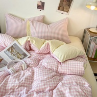 Pink Grid Bedding Set Floral BedSheet Quilt Cover Pillow Cases Super Single/queen/king Size Bedsheet Set 4 in 1 Cadar