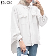 ZANZEA Women Muslim Abaya Kaftan Casual Full Sleeve Front Pockets Button Cuffs Blouse