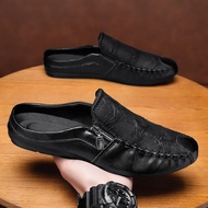 Summer Loafers For Men Flat Shoes Fashion Zip Men's Half Slippers Comfortable PU Leather Casual Shoe
