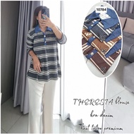 10784 Blouse TheresiaWanita with Alo Embroidery Stripe Motif, Denim Collar, Live Buttons, Premium Tu