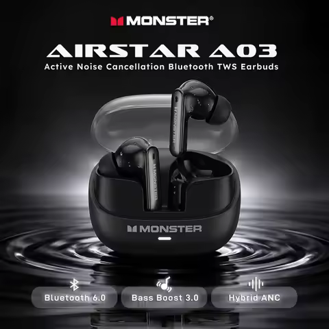 Monster A03 ANC Earbuds Bluetooth 6.0 Active Noise Cancelling Headphones Powerful Deep Bass Sport TW