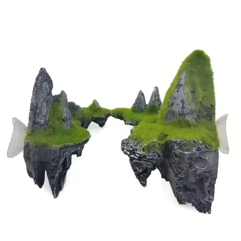 Moss Mountain Aquarium Decoration,Realistic Sky City Landscape, Lush Greenery, Fish Tank Background 