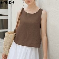 เสื้อกั๊กหลวมสีทึบไขว้ด้านหลังเสื้อยืดคอกลมสไตล์อ่อนโยนของผู้หญิง VONDA (ลำลองเกาหลี)