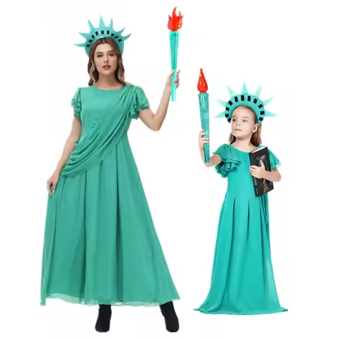 Torch Goddess Statue Character Costume for Adult Kids Green Chiffon Statue Of Liberty Costume Cospla