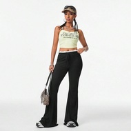 Women's Fall Y2K Athleisure Knit Stretchy Ruffles Patchwork Jog Black Flare Pants