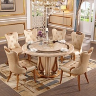 S-T💛round Marble round Table Dining Table Light Beige Villa Dining Table and Chair Set with Turntable Home Dining Table