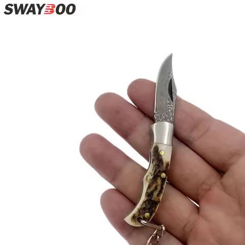 Swayboo Key Ring customized Damascus Steel Tactical Antler Handle Utility Pocket Folding Knife