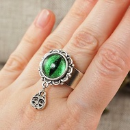 Green Glass Cat Eye Ring Silver Cat Evil Eye Protection Adjustable Ring Jewelry