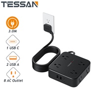 【ส่งไวจากไทย】TESSAN ปลั๊กไฟ 8 ช่อง พร้อมสวิตช์และพอร์ต USB-C 1.5/3.0/4.5 เมตร สาย ปลั้กพ่วง ปลั๊กสาม