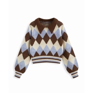 ARGYLE PATTERN WOOL-BLEND COLLAR LONG SLEEVE TOP