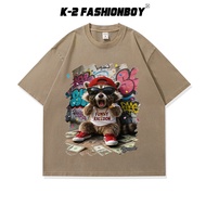 [K-2] Trendy Raccoon Animal AI Graffiti Wall Rap Short Sleeve Top T Washing Effect Wear Handsome [NK