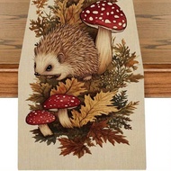 1pc Autumn Warm Hedgehog Mushroom Table Runner - Line Fabric, Rustic Nature-Inspired Home Decor With