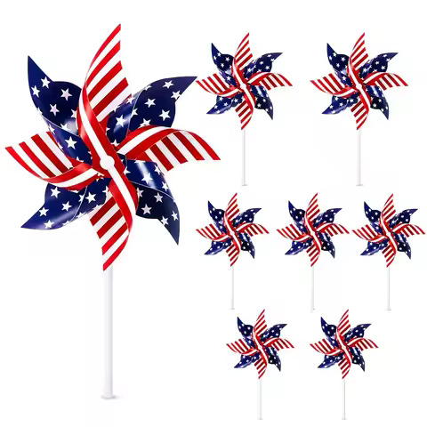 8 Pack American Flag Pinwheels Patriotic Wind Spinners with Wooden Sticks 4th of July Decorations